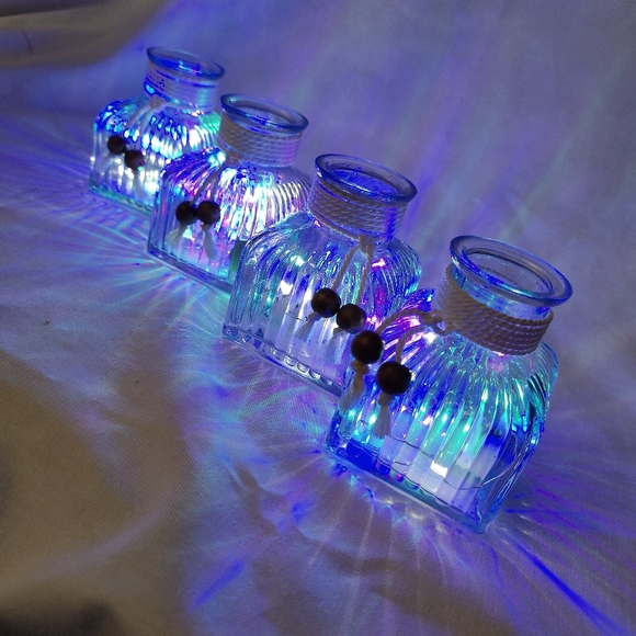 Square Ribbed Glass Bottles with Rainbow Lights - Set of 4 - Picture 2 of 7